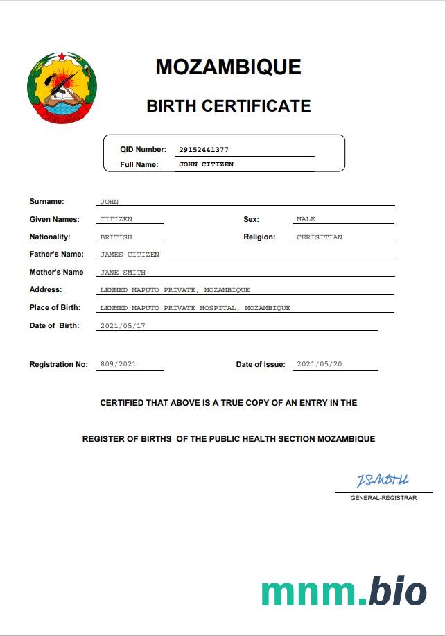 Mozambique narodziny certyfikat Word i PDF szablon